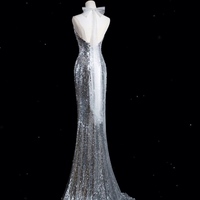 Deep V Neck Sliver Sheath Floor Length Backless Zipper Back with Train Prom Dresses - Thumbnail 4