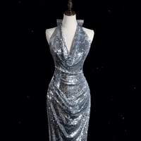 Deep V Neck Sliver Sheath Floor Length Backless Zipper Back with Train Prom Dresses - Thumbnail 6