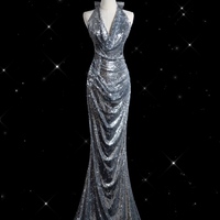 Deep V Neck Sliver Sheath Floor Length Backless Zipper Back with Train Prom Dresses - Thumbnail 1