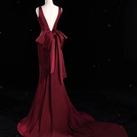 Burgundy Deep V Neck Mermaid Backless Back with Removable Bow Prom Dress - Thumbnail 2