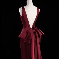 Burgundy Deep V Neck Mermaid Backless Back with Removable Bow Prom Dress - Thumbnail 3