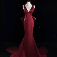 Burgundy Deep V Neck Mermaid Backless Back with Removable Bow Prom Dress - Thumbnail 4