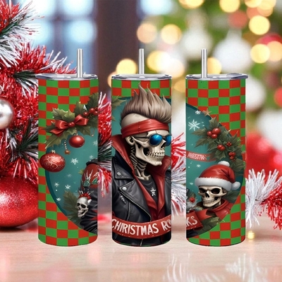 20oz rockin skull tumbler - badass christmas rocker insulated tumbler | skull santa holiday gift for metalheads & biker | free ships