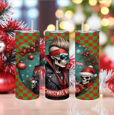 20oz Rockin Skull Tumbler - Badass Christmas Rocker Insulated Tumbler | Skull Santa Holiday Gift for Metalheads & Biker | Free Ships