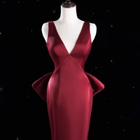 Burgundy Deep V Neck Mermaid Backless Back with Removable Bow Prom Dress - Thumbnail 6