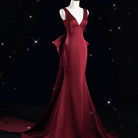 Burgundy Deep V Neck Mermaid Backless Back with Removable Bow Prom Dress - Thumbnail 1