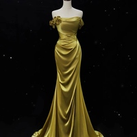 Olive Green Strapless Handmade Floral Sheath Backless Back Prom Dress - Thumbnail 5