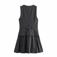 Pullover V-neck single-breasted wide-pleated striped vest short dress - Thumbnail 1