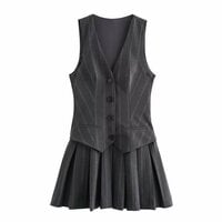 Pullover V-neck single-breasted wide-pleated striped vest short dress - Thumbnail 2