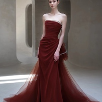 Burgundy Strapless Satin Mermaid with Removeled Tulle Train Prom Dresses - Thumbnail 1