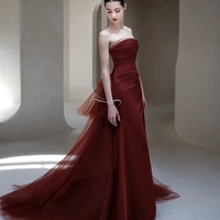 Burgundy Strapless Satin Mermaid with Removeled Tulle Train Prom Dresses - Thumbnail 2