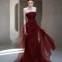 Burgundy Strapless Satin Mermaid with Removeled Tulle Train Prom Dresses - Thumbnail 3