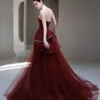 Burgundy Strapless Satin Mermaid with Removeled Tulle Train Prom Dresses - Thumbnail 4