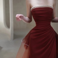 Burgundy Strapless Satin Mermaid with Removeled Tulle Train Prom Dresses - Thumbnail 5