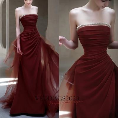 Burgundy strapless satin mermaid with removeled tulle train prom dresses - Thumbnail 3