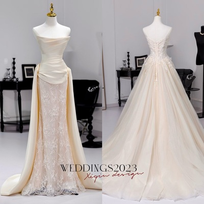 High Qulight Satin and Lace Sheath Back Applique with Tulle Train Wedding Dresses