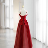 Red Spaghetti Straps Floor Length Satin and Tulle ,Lace with Removeled Sleeves Evening Dress  - Thumbnail 1
