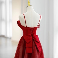 Red Spaghetti Straps Floor Length Satin and Tulle ,Lace with Removeled Sleeves Evening Dress  - Thumbnail 3