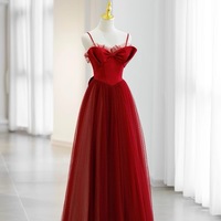 Red Spaghetti Straps Floor Length Satin and Tulle ,Lace with Removeled Sleeves Evening Dress  - Thumbnail 4