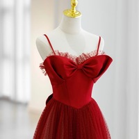 Red Spaghetti Straps Floor Length Satin and Tulle ,Lace with Removeled Sleeves Evening Dress  - Thumbnail 5