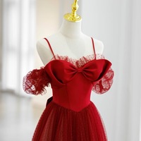 Red Spaghetti Straps Floor Length Satin and Tulle ,Lace with Removeled Sleeves Evening Dress  - Thumbnail 6
