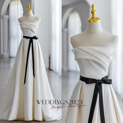 High quligth satin beading with black belt lace up back wedding dress 