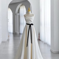 High Quligth Satin Beading with Black Belt Lace Up Back Wedding Dress  - Thumbnail 2