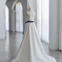 High Quligth Satin Beading with Black Belt Lace Up Back Wedding Dress  - Thumbnail 1