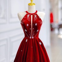 Red Velvet Beading A-line with Bow Floor Length Prom Dress - Thumbnail 6