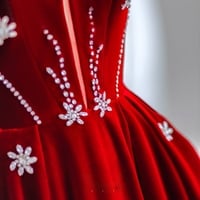Red Velvet Beading A-line with Bow Floor Length Prom Dress - Thumbnail 7