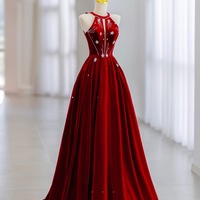 Red Velvet Beading A-line with Bow Floor Length Prom Dress - Thumbnail 1