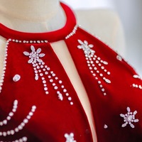 Red Velvet Beading A-line with Bow Floor Length Prom Dress - Thumbnail 3