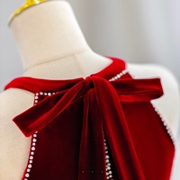 Red Velvet Beading A-line with Bow Floor Length Prom Dress - Thumbnail 5