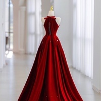 Red Velvet Beading A-line with Bow Floor Length Prom Dress - Thumbnail 2