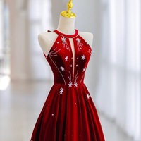 Red Velvet Beading A-line with Bow Floor Length Prom Dress - Thumbnail 4