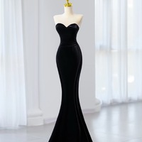 Sexy Strapless Sweetheart Neck Black Velvet Mermaid with Removeled Shawl Prom Dress - Thumbnail 1