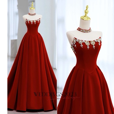 Hot sale red strapless velvet lace up back floor length with decorative diamonds prom dress  - Thumbnail 4