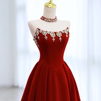 Hot Sale Red Strapless Velvet Lace up Back Floor Length with Decorative Diamonds Prom Dress  - Thumbnail 2
