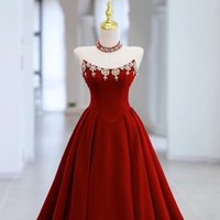 Hot Sale Red Strapless Velvet Lace up Back Floor Length with Decorative Diamonds Prom Dress  - Thumbnail 5