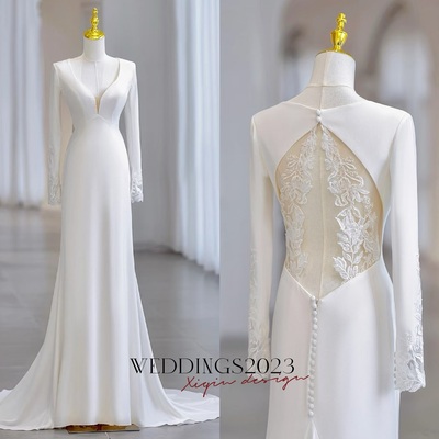 Ivory V neck Long Sleeves Sheath Backless Back Applique with Buttons Prom Dress 