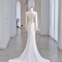 Ivory V neck Long Sleeves Sheath Backless Back Applique with Buttons Prom Dress  - Thumbnail 4
