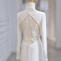 Ivory V neck Long Sleeves Sheath Backless Back Applique with Buttons Prom Dress  - Thumbnail 5