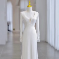 Ivory V neck Long Sleeves Sheath Backless Back Applique with Buttons Prom Dress  - Thumbnail 1