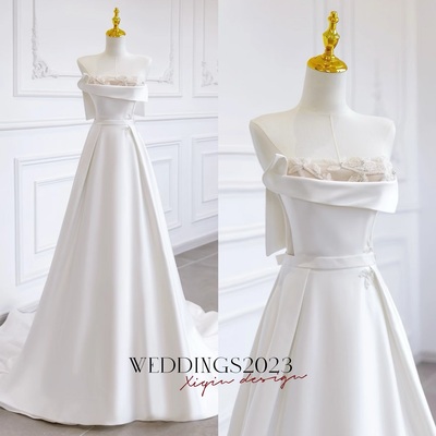 Ivory strapless beading with belt satin wedding dress 