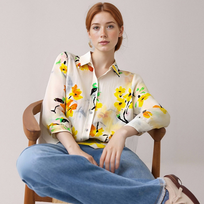 Fashionable ramie floral print shirt