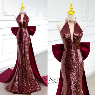 Sexy deep v neck mermaid sequins floor length with bow backless back prom dress  - Thumbnail 4