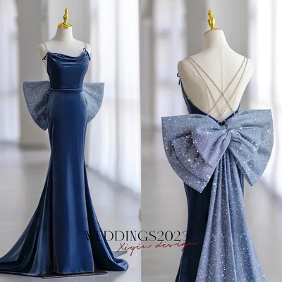 Spaghetti straps Mermaid Floor Length with Removeled Bow Backless Back Prom Dress
