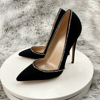 Black suede 12cm pointed toe stiletto diamond chain high heels - Thumbnail 1