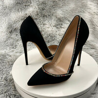 Black suede 12cm pointed toe stiletto diamond chain high heels - Thumbnail 2