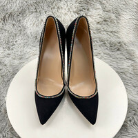 Black suede 12cm pointed toe stiletto diamond chain high heels - Thumbnail 3